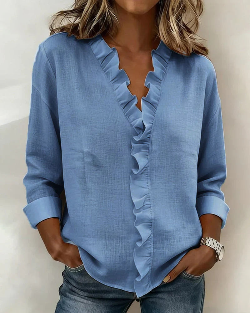 ELENA | RUFFLED V-NECK BLOUSE WITH LONG SLEEVES